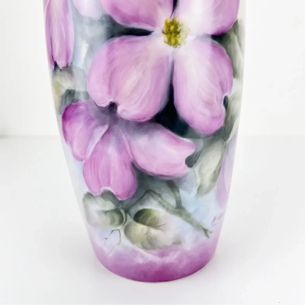International Porcelain Art Teachers Hand Painted Pink Flowers Floral Vase - Picture 7 of 12